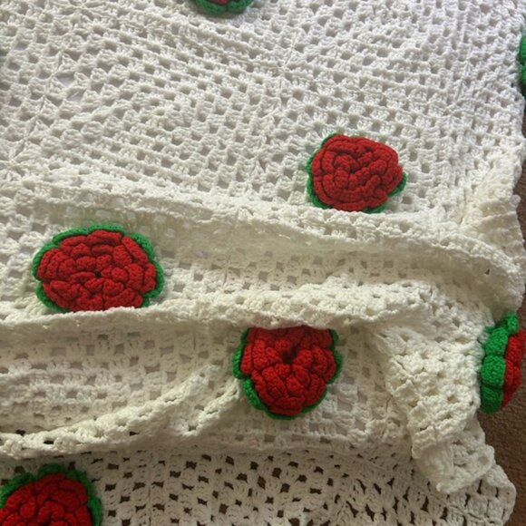 Vintage Boho Crochet Blanket with Red and Green Floral Rose Accents 104 inchX93 - Picture 13 of 16